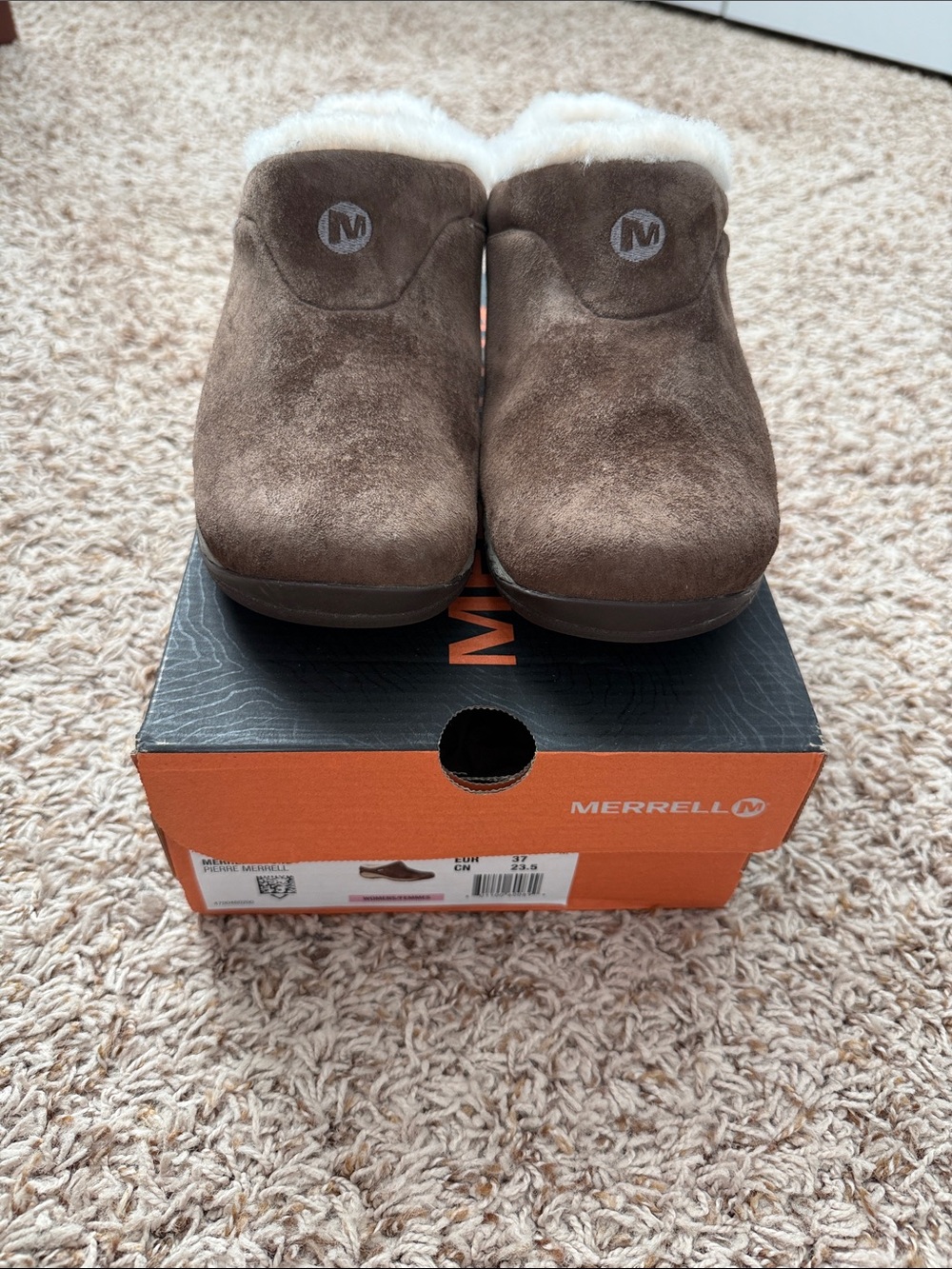 Merrell Stone Brown Suede Shearling-Lined Slip-On Clogs